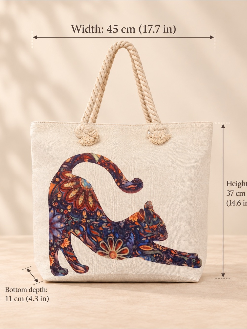 Beautiful Walk Cat Canvas Tote Bag Rope Handles New